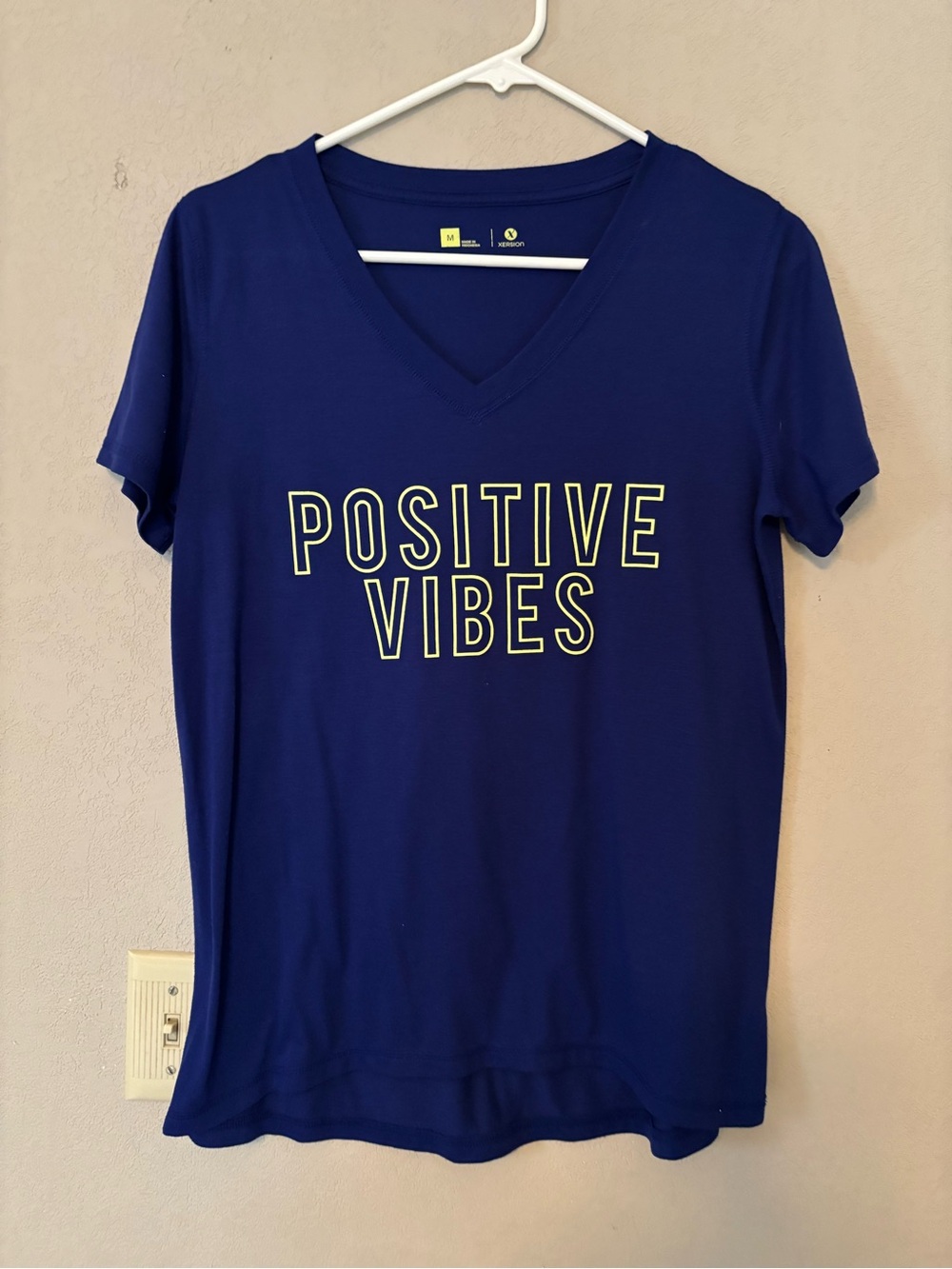Xersion Navy V-Neck Tee with Yellow Outline "Positive Vibes"